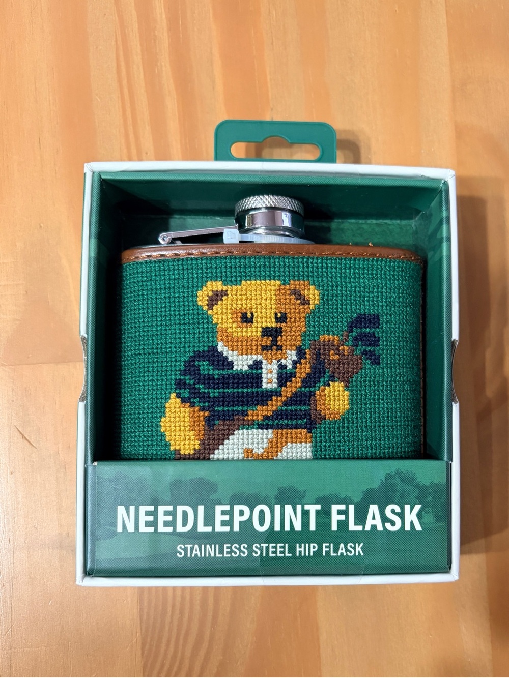 Needlepoint Bear Hip Flask - Green with Yellow Bear